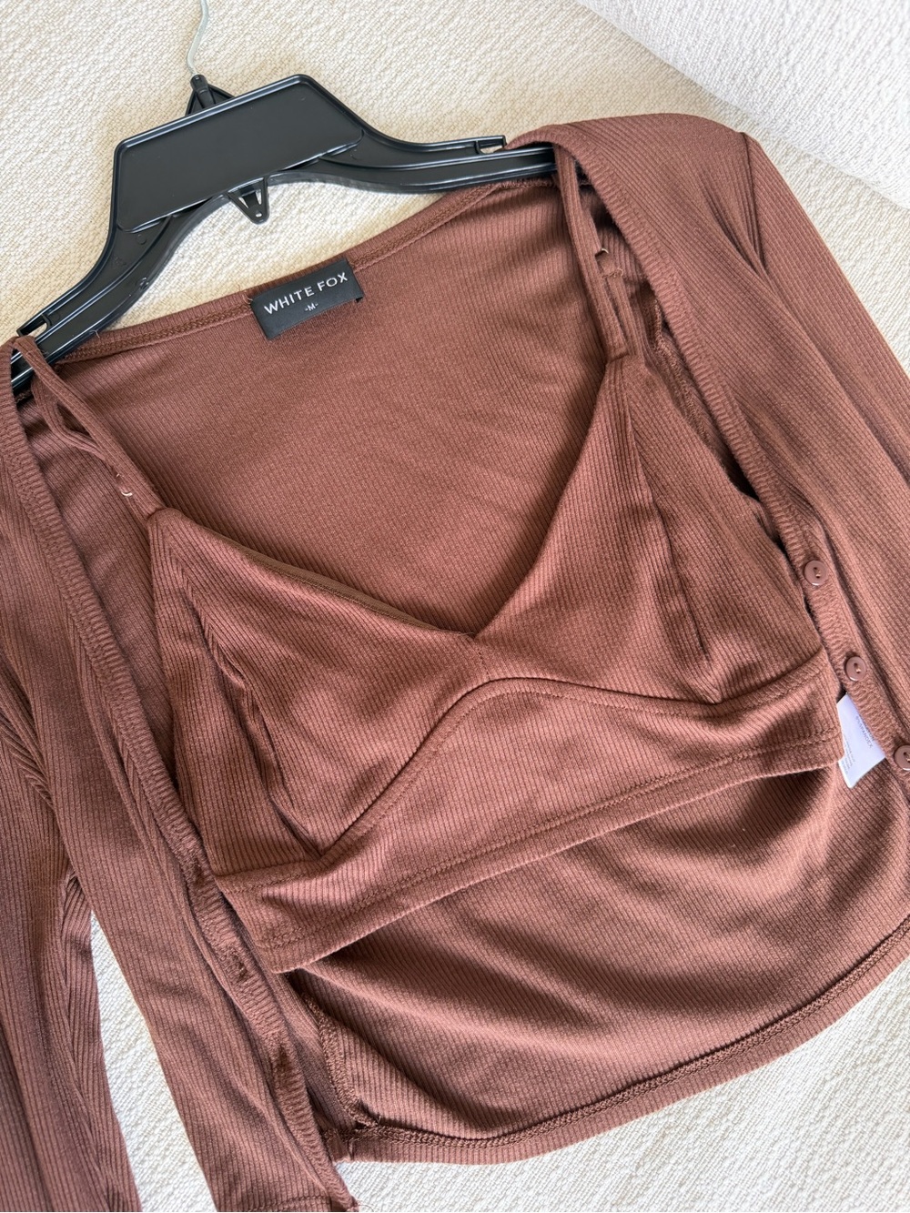 White Fox Boutique Brown Ribbed Crop Tank & Cardigan Set